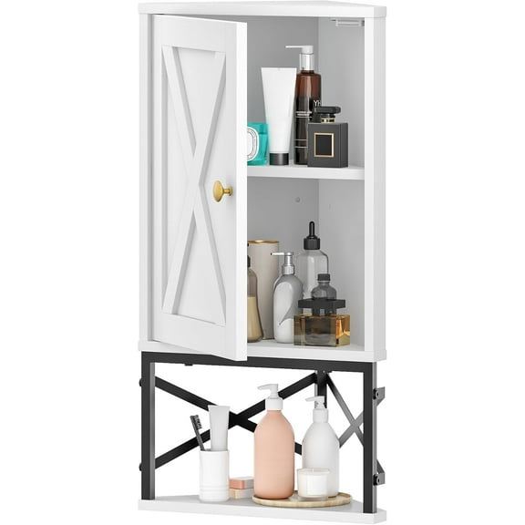Bathroom Wall Cabinet, Corner Medicine Cabinet, Wall Mount Corner Cabinet for Bathroom with Open Shelf and Adjustable Shelf, Space-Saving, for Bathroom, Kitchen, Living Room, White and Black