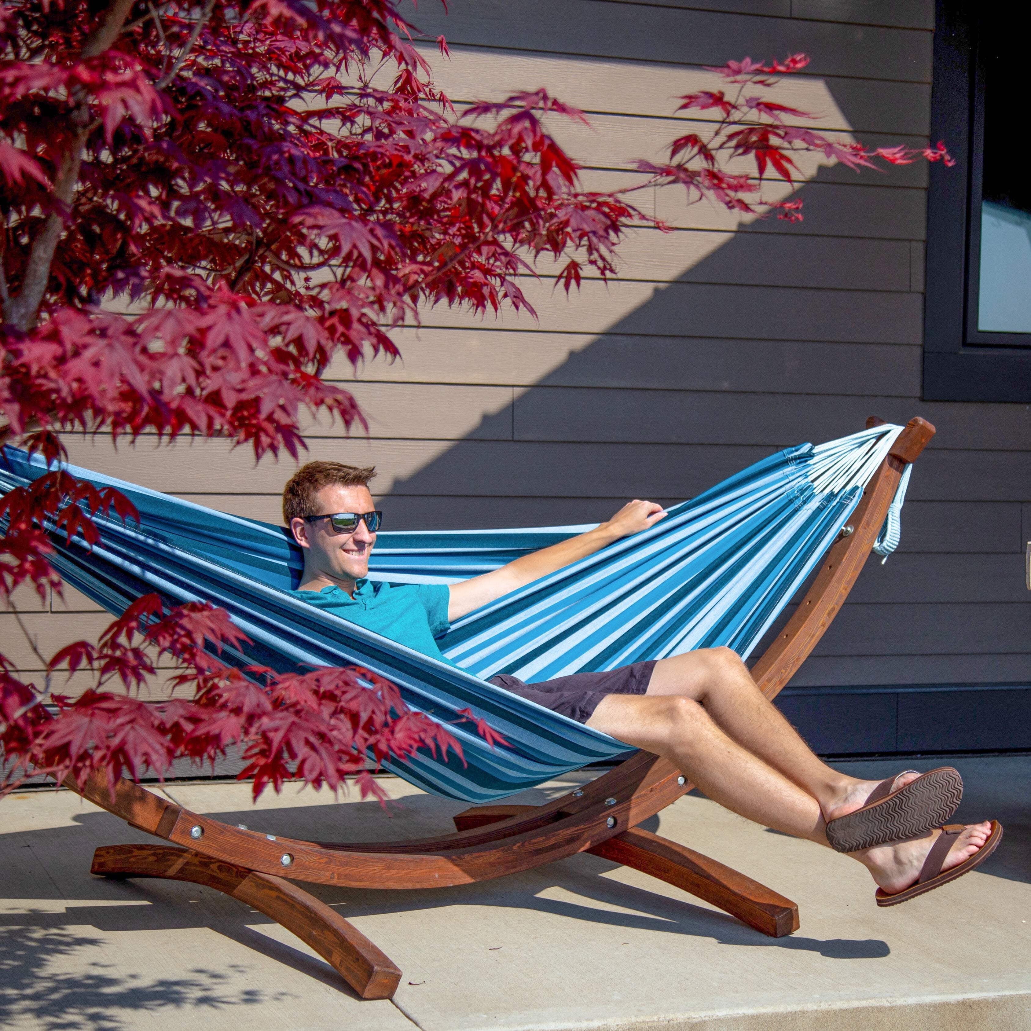 Vivere Brazilian Style Double Cotton Hammock, Outdoor Hanging Daybed, Blue Lagoon