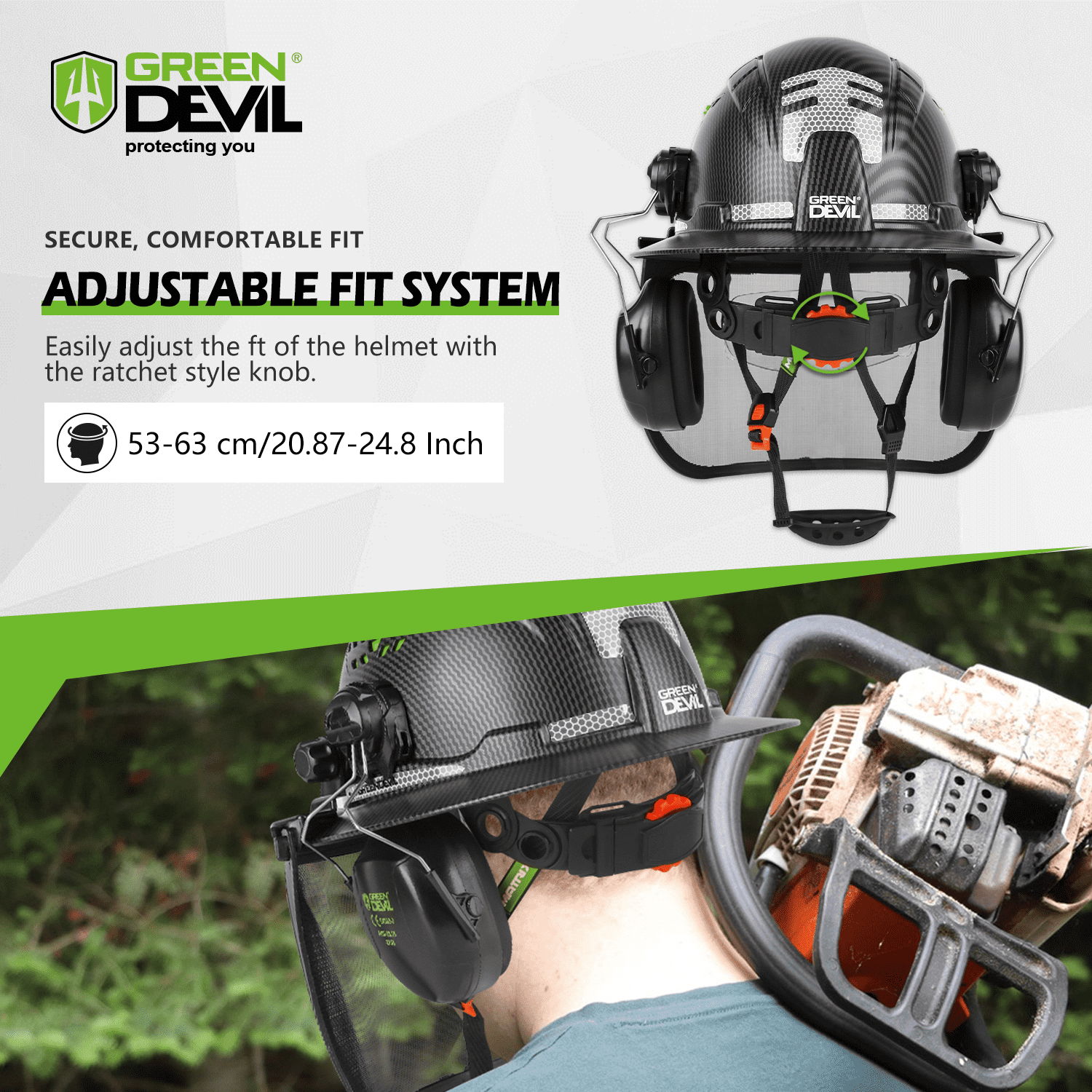 GREEN DEVIL Industrial Chainsaw Helmet with Face Shield Built in Visor and Ear Muffs 4 in 1 System ANSI Z89.1 Full Brim Safety Hard Hat Adjustable Headgear Ideal for Forestry and Arborist Work