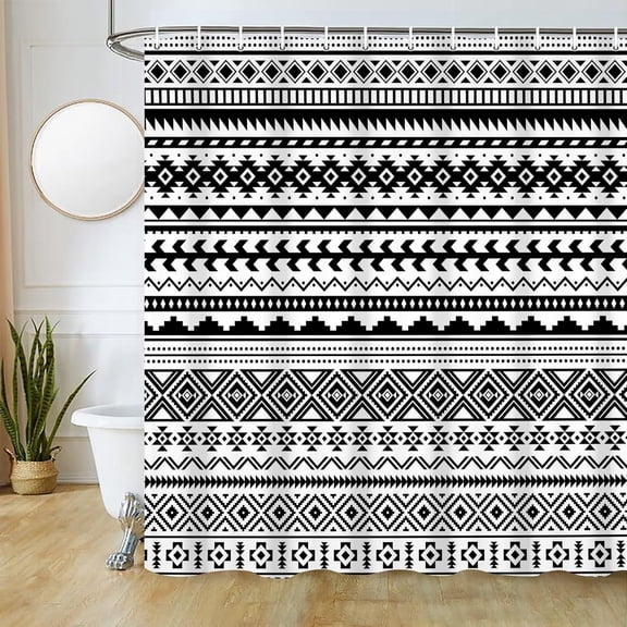 Boho Shower Curtain Black and White Bathroom Curtains Set with Hooks, Chic Triangle and Geometric Tassel Bath Curtain, Heavy Duty and Waterproof for Modern Hotel Decor 54"W x 78"L (Pack of 1)