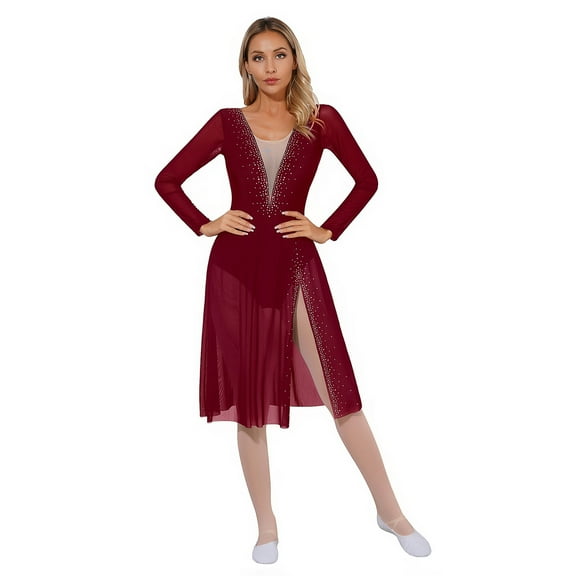 YONGHS Womens Lyrical Dance Costume Long Sleeve Modern Contemporary Dance Flowy Tulle Leotard Dress Burgundy M