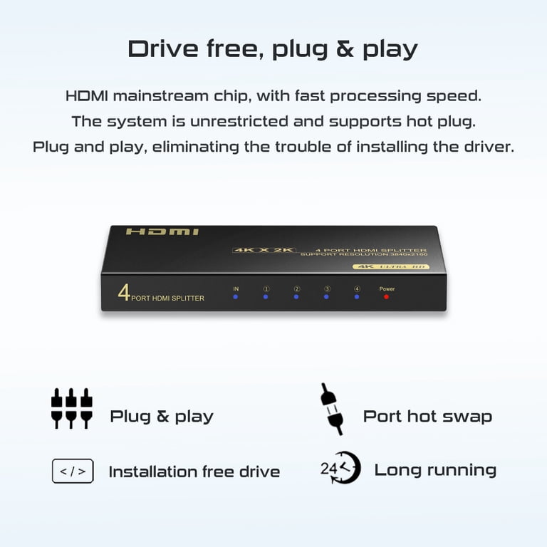 Splitter HDMI 1 Entrée 2 Sorties - 4K/3D/1080P - Compatible TV, Xbox, PS4, Fire Stick - Portable Avec Câble USB