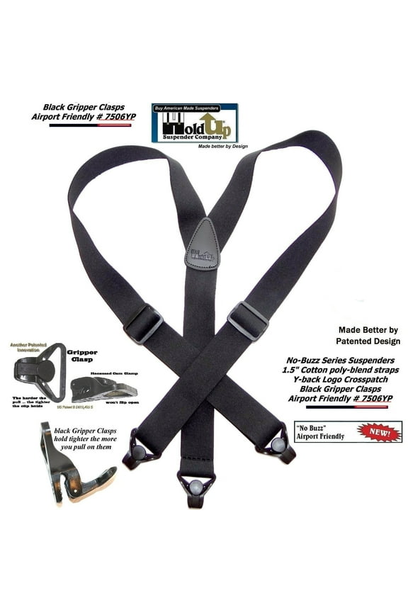 Holdup Brand No-buzz Black Y-back Airport Friendly Suspenders with USA Patented black Gripper Clasps