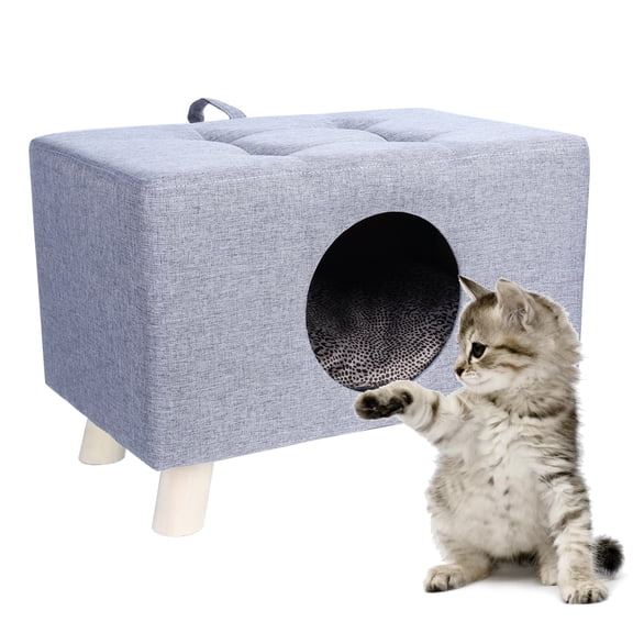 Zxareky Wood Pet House Cat Cave with Mat, Pet House Foot Rest Stool with Cushion