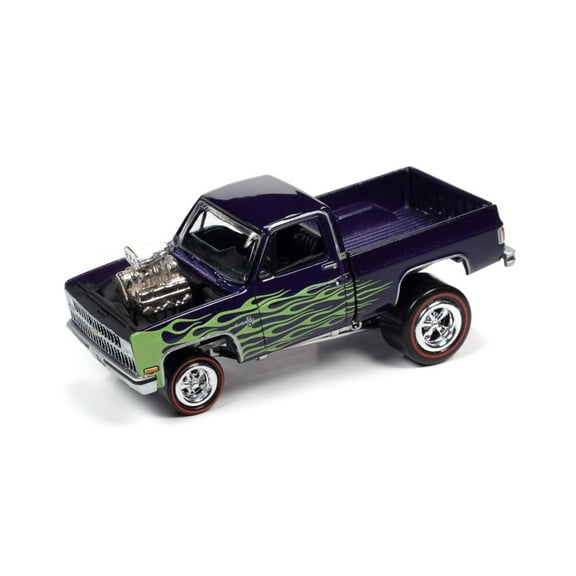 1981 Chevy Silverado 10 Fleetside, Purple Grape Metallic with Lime Flames - Johnny Lightning JLSP178/24A - 1/64 scale Diecast Model Toy Car