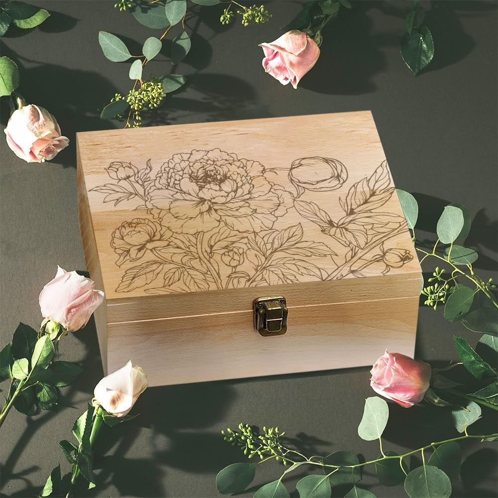 Peony Pattern Wooden Memory Keepsake Box Metal Knot Box with Hinged Lid and Lock Decorative Storage Box Stash Box for Photo Letter Souvenir Jewelry 7.6x9.6x4inch(19.5x24.5x10.3cm) Mixed Color