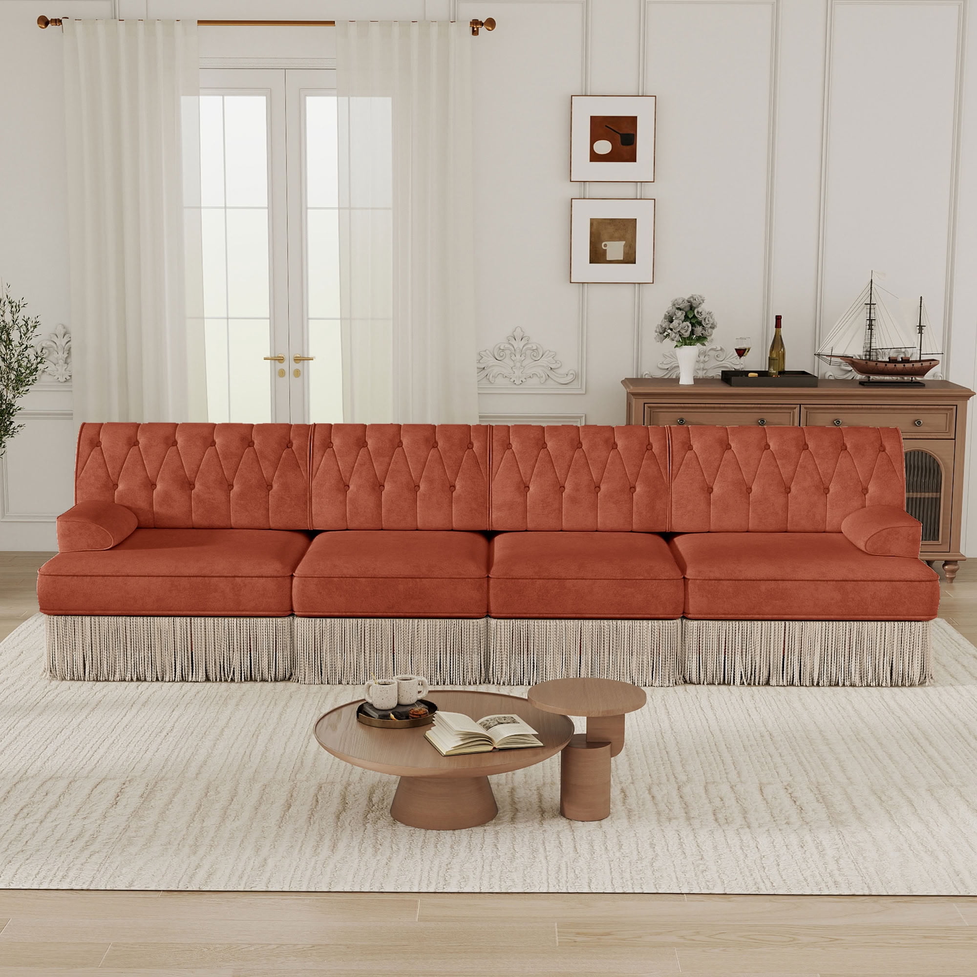 MAYEERTY 135 Inch Chesterfield Sofa, 4-Seater Modular Couch with Tassel, Solid Wood Base for Living Room Home Lounge Space