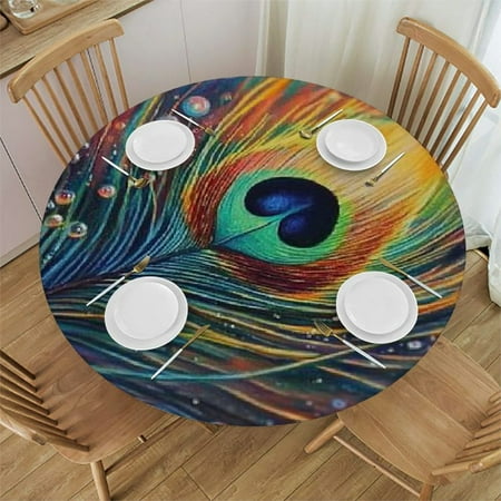 

Sheronv Peacock Feathers Round Table Cover Stain Resistant Washable for Indoor Outdoor Dining Wedding Parties 100% Polyester Table Cloth with Elastic Edge 54 -58