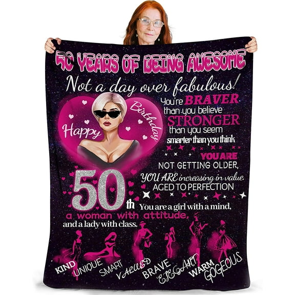 WERTY Happy 50th Birthday Blanket 50th Throw Blankets for Women Mom Wife Grandmother Coworker Boss Turning 50th Birthday Gifts, Warm Plush Blanket Soft Cozy Flannel Fleece Blanket 60x50 Inch