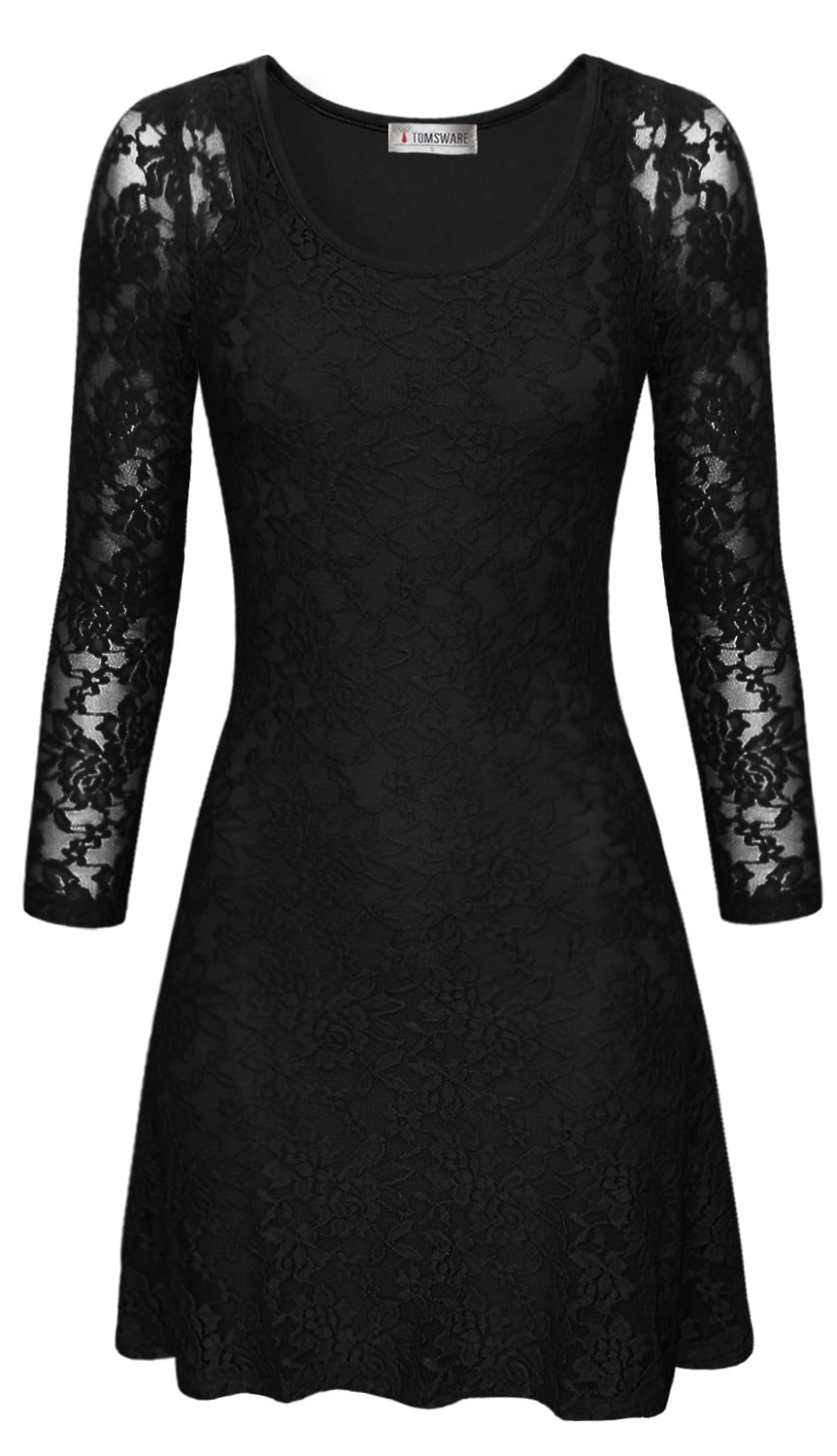 TAM WARE Women Stylish Floral Lace Long Sleeve Scoop Neck Flare Dress ...