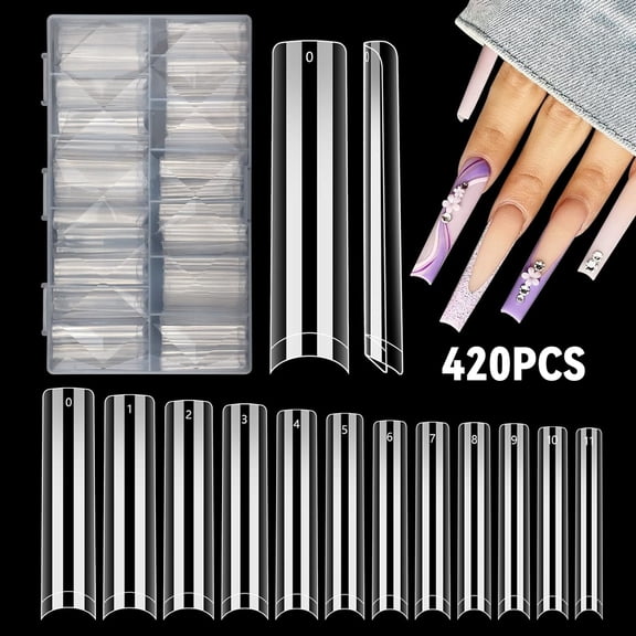 420 PCS Tapered Square Nail Tips, Clear Nail Tips for Acrylic Nails Professional, Half Cover Extra Long False Nail Tips Fake Artificial Nail Extension French Nails for Nail Salon Home DIY,12 Sizes