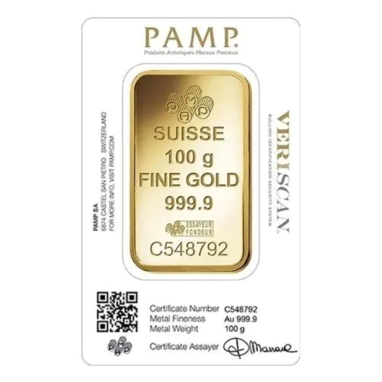 100 Gram PAMP Suisse Gold Bar – Lady Fortuna Veriscan (In Assay)