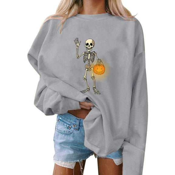 Womens Sweatshirts Pumpkin Printed Long Sleeved Round Neck Sweatshirts Gray M,Sweatshirts Jacket for Women