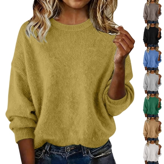 GUACER Womens Fuzzy Crewneck Pullover Sweaters Soft Oversized Knit Long Sleeve Tops for Fall Winter Casual & Cozy Layering