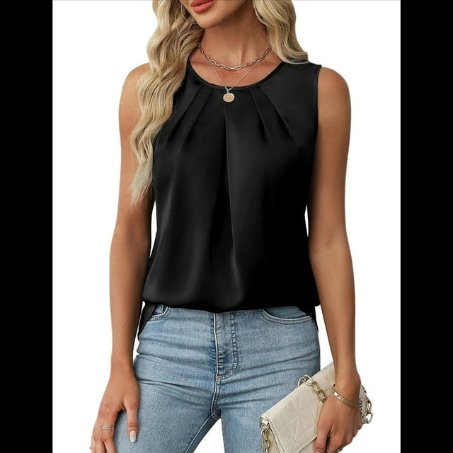 Camiseta de Tirantes de Satén de Seda para Mujer, Atuendo Informal de Verano 2025, Camisa Elegante Sin Mangas para el Trabajo, Negra, Talla XXL