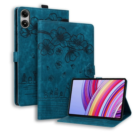 XYX Case for Xiaomi Redmi Pad Pro 12.1 inch 2024 Released, Cherry Blossom Cat PU Leather Folio Stand Magnetic Shockproof Protective Cover (Blue)
