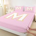 thumbnail image 4 of Feelyou Fashion Pink Stripes Twin Sheet Sets for Teen, Initial M Letter Twin Fitted Sheet, Cute Princess Cartoon Flat Sheet, Breathable Home Decor, 3pcs, 4 of 8