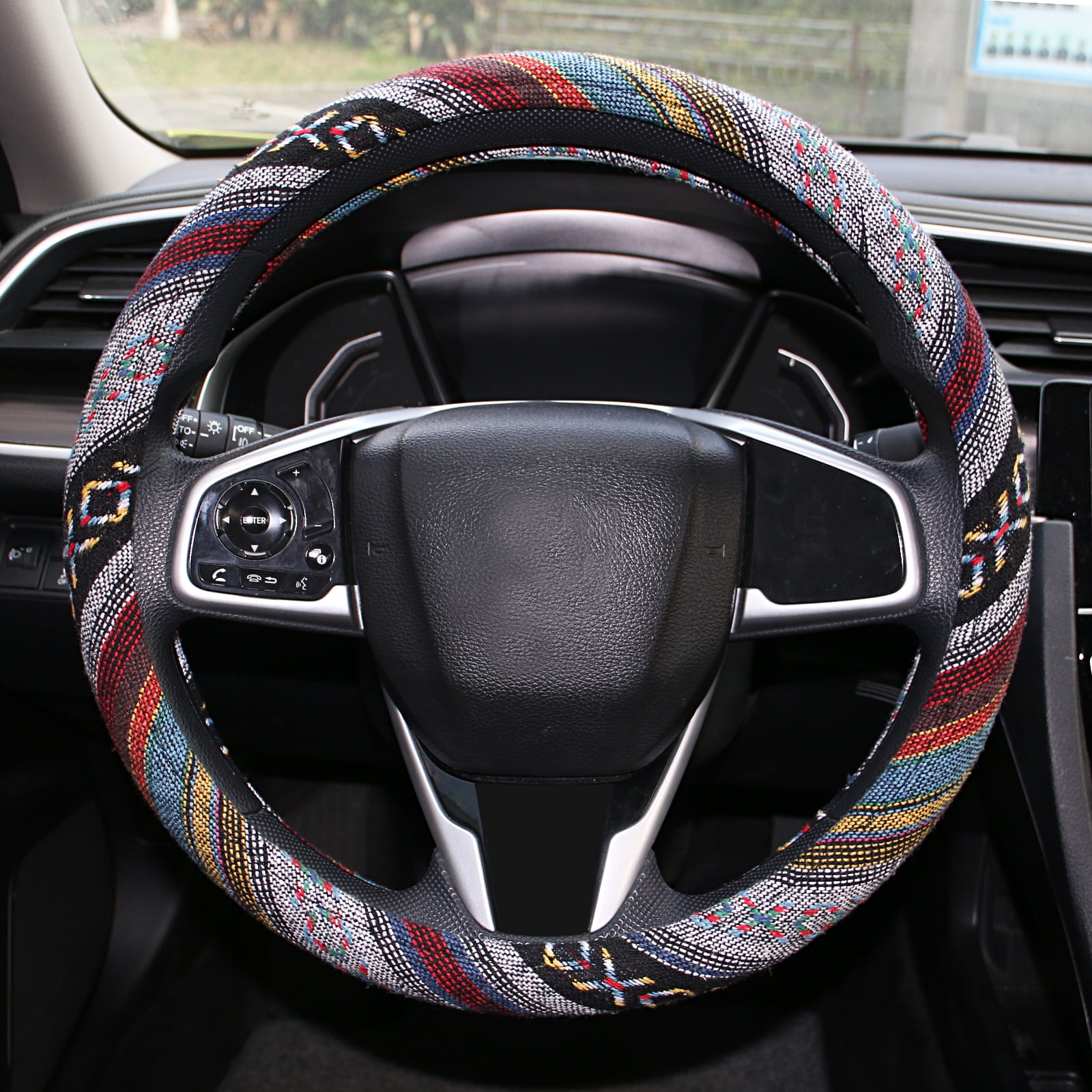 Baja Blanket Steering Wheel Cover Colorful Inca Fabric Pattern Cover for Steering Wheel Sizes 14.5 15 15.5 Inches 