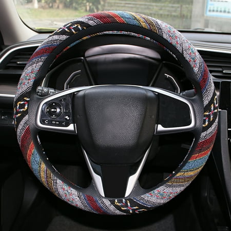 Copap Car Steering Wheel Cover Baja Blanket 15 inch Fit Most Auto Cars Boho Style Multi-Color Baja Inca Woven Coarse Flax Cloth