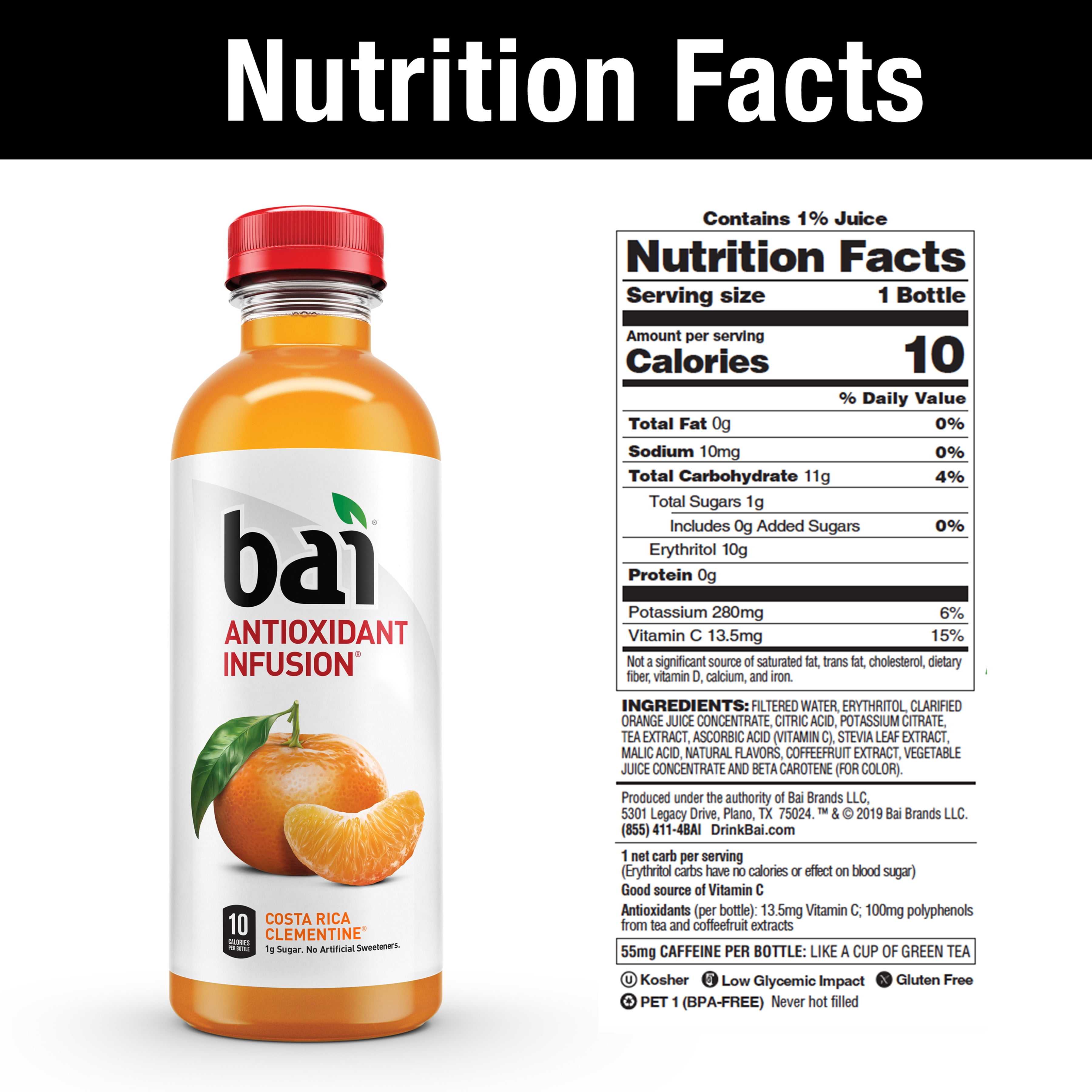 Bai Gluten-Free, Costa Rica Clementine, Antioxidant Infused Drink, 18 Fl Oz, 12 Pack Bottles