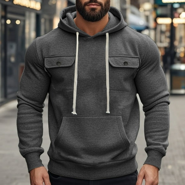 pstuiky camisas de manga larga para hombre, Blusa de moda para hombre, de color liso, con capucha, manga larga, cordón ajustable y botones en los bolsillos. camisetas de hombre m
