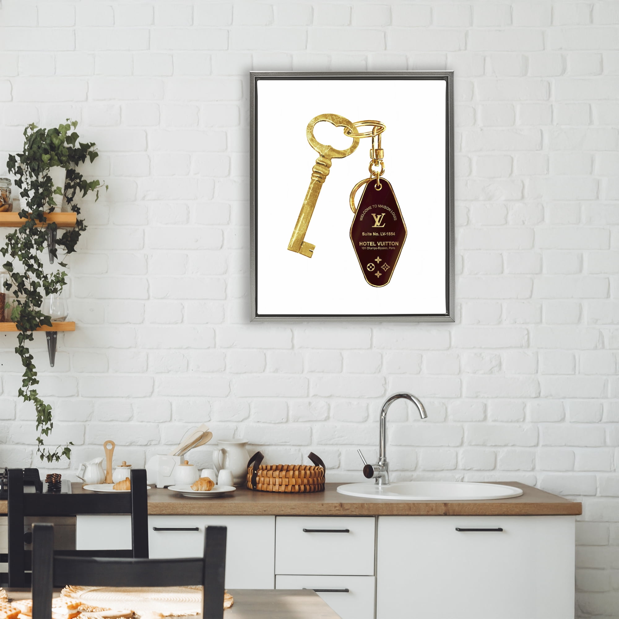Glam Gold Key Fashion Gray Framed Floater Canvas Wall Art, design by Ziwei Li