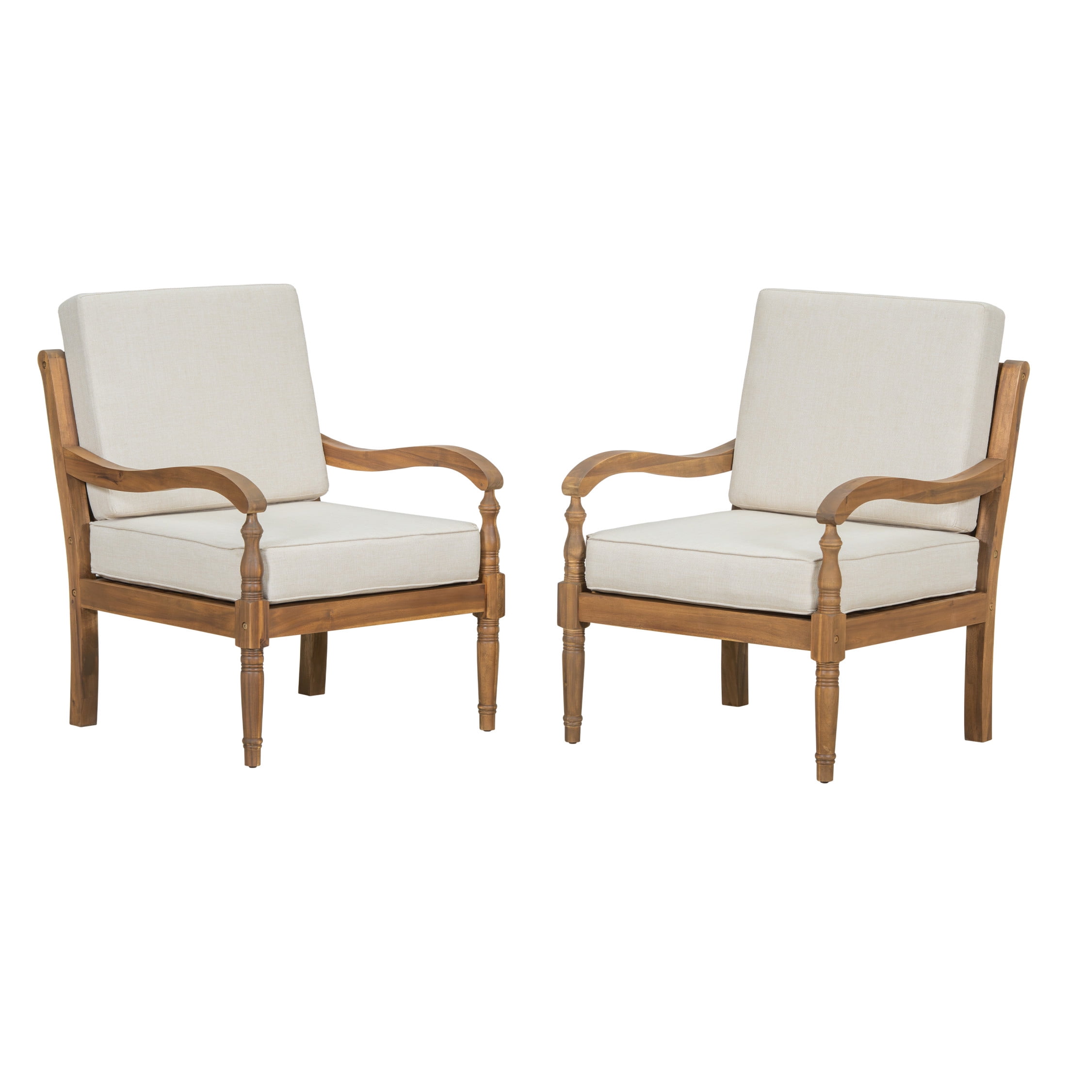 Christopher Knight Home Classic Carved Outdoor Lounge Chairs with Cushions, Solid Wood Frame, Beige, Set of 2