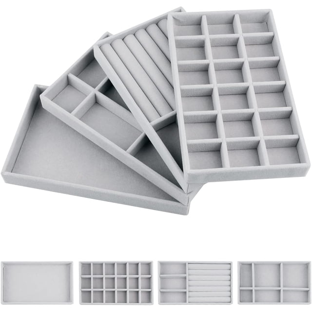 Caja para anillos Caja de terciopelo gris de 18 celosías + Caja de medio aro y media esponja gris + Caja de terciopelo gris de 6 celosías + Caja de terciopelo gris con plato vacío