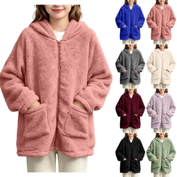 XRSKRS Girls Fleece Zip Up Hoodies Fuzzy Sherpa Long Coat with Pocket Casual Winter Outerwear Lightweight Soft Warm Lined Loungewear