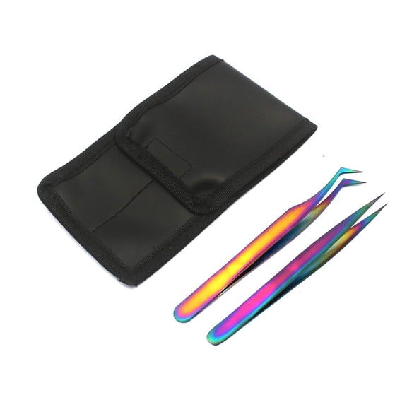 OdontoMed2011® Set of 2 Stainless Steel Multi Titanium Rainbow Color 3d Eyelash Extension Tweezers Semi Angled   Straight Fine Point Jewelry-making, Laboratory Work