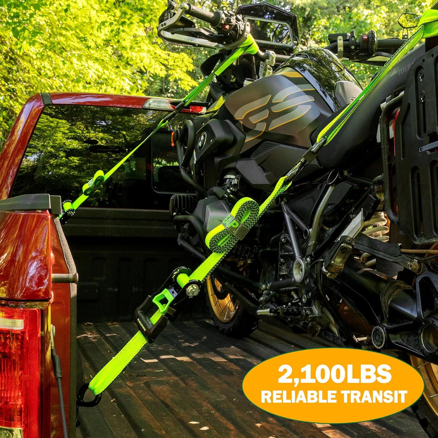 STARLEAPARTS Heavy Duty Automatic Ratchet Motorcycle Tie Down Straps (4 Pack, Green, 15ft) - 2100lb Break Strength, Auto-Ratcheting Type, Soft Loop Tie-Downs for Cargo, Trucks & Appliances