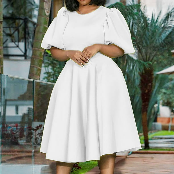 Ashirexll Evening Dresses for Women, Solid Color Bubble Sleeve Waisted A- Line Large Hem Dresses White 3XL - Walmart Business Supplies