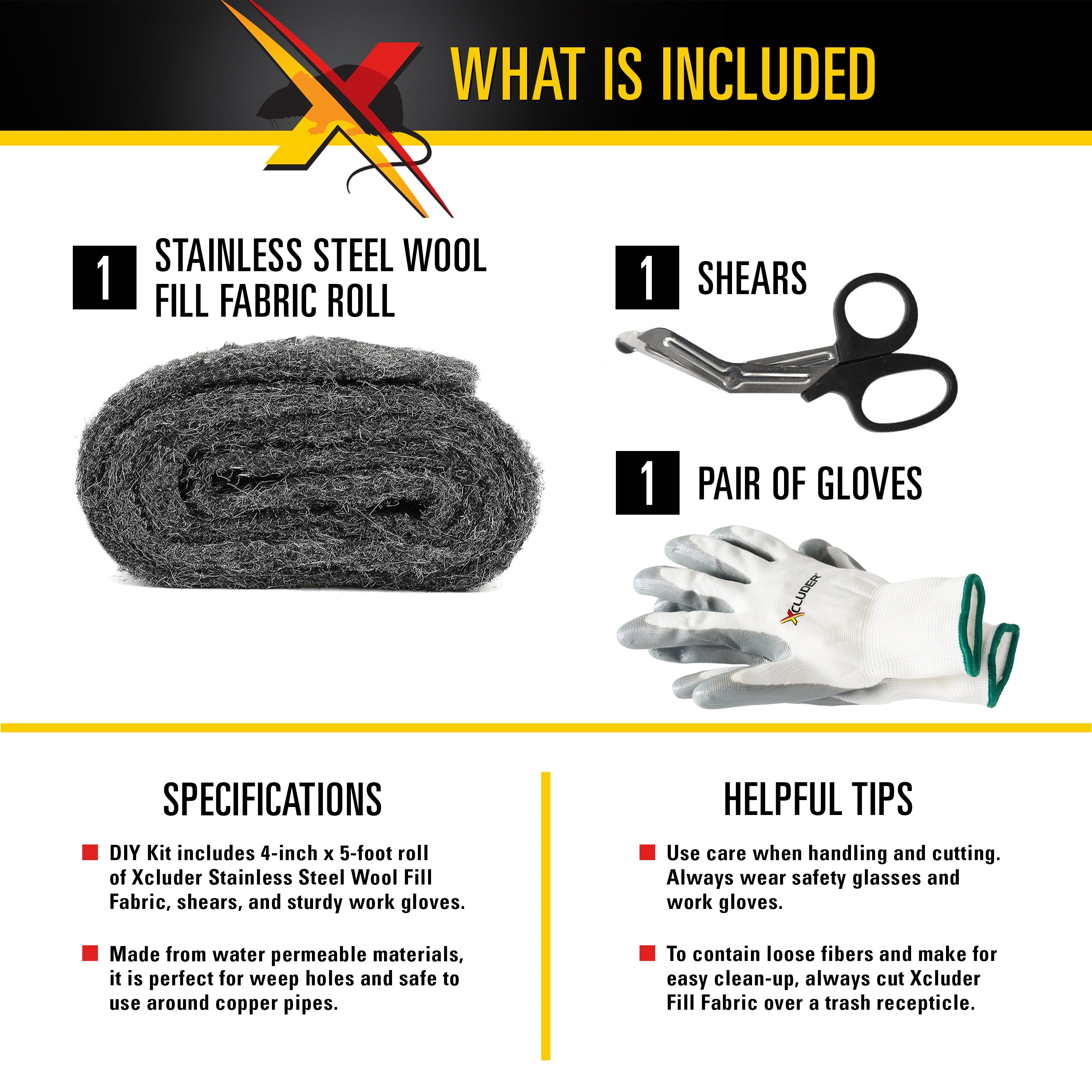 Xcluder Stainless Steel Wool Fill Fabric, DIY Kit with Inspection Tool