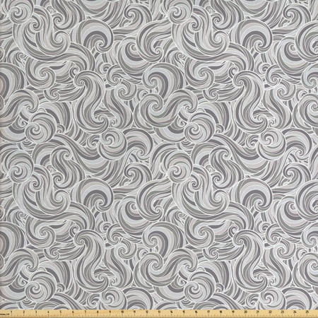Retro Upholstery Fabric Grey Fabric by The Yard, Abstract Hand Drawn Curly Lines and Swirls in Grey Shades Retro Style Ornament of Waves, Decorative Fabric for Upholstery and Home Accents, by Ambesonne ()