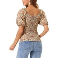 thumbnail image 3 of INSPIRE CHIC Women's Puff Sleeve Tops Sweetheart Neck Smocked Floral Blouses M Orange Brown, 3 of 6