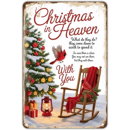Christmas in Heaven Tin Sign Vintage Cardinal Metal Sign Print Aesthetic for Garden Yard Bar Porch Home Bedroom Kitchen Wall Decor Decor Gift 8 x 12 inch