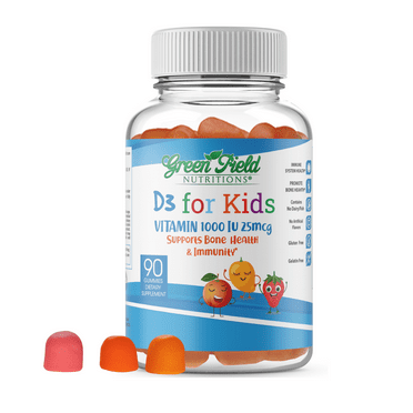 Greenfield Nutritions - Halal Vitamin D3 for Kids 1000 IU Gummy, Non-GMO, Gluten Free, Gelatin Free- 90 Gummies