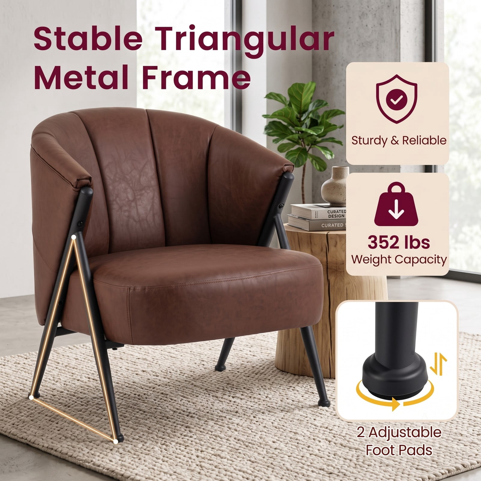 Furnibear Mid Century Modern Accent Chair, Comfy Upholstered Armchair with Curved Backrest and Wide Seat, 352 lbs Capacity Reading Lounge Chair for Living Room, Brown