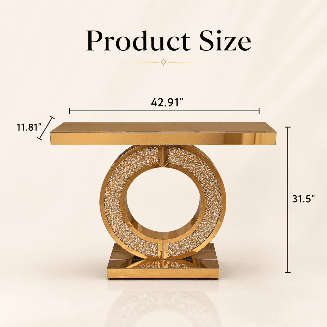 Aukfa 43" Mirrored Console Table, O-Shaped Crystal Inlay Entryway Table with Beveled Edges,Gold