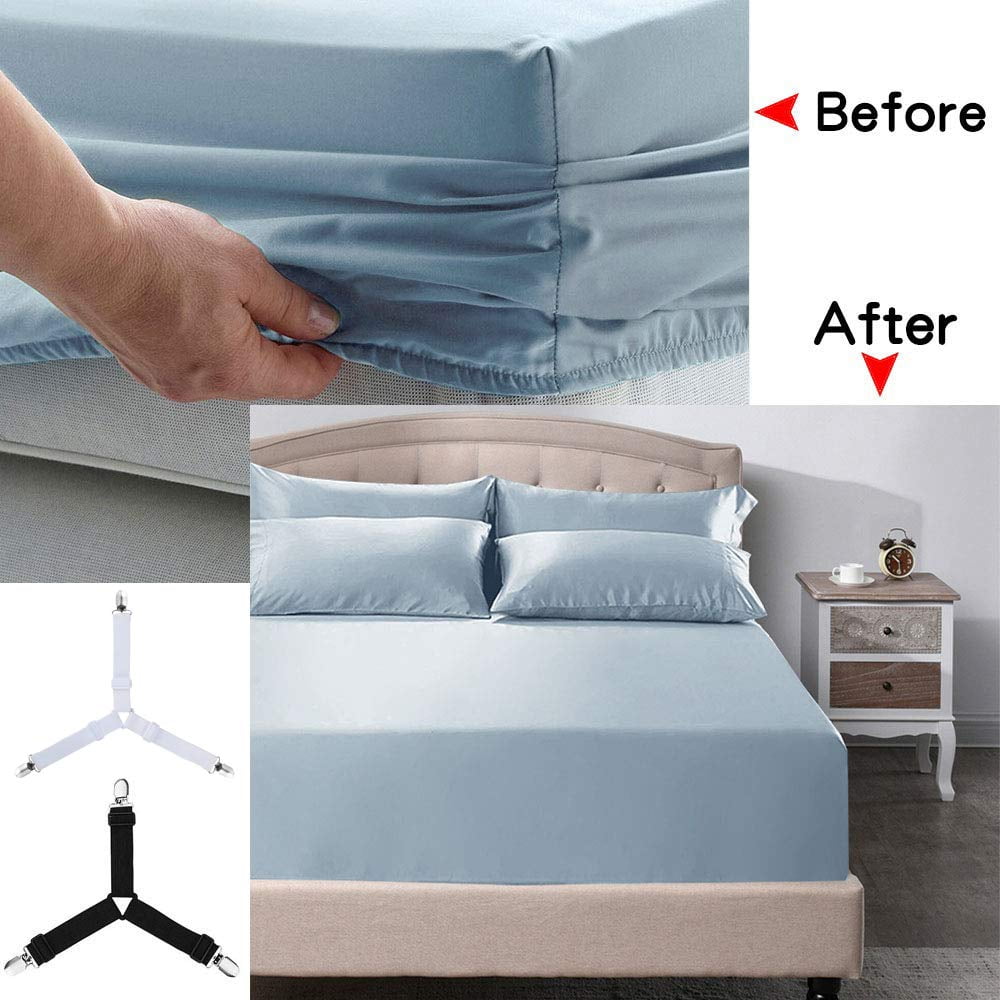 Amerteer 4 PCS Bed Sheet Holder Straps, Triangle Elastic Mattress Corner  Clips, 3 Way Fitted Bed Sheet Fastener Suspenders Grippers Heavy Duty for Bedding  Sheets, Mattress Covers, Sofa Cushion-White 