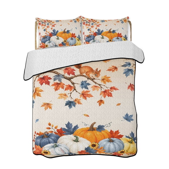 Quilt King Size Bedding Set, Thanksgiving Reversible Summer Quilt 3 Pieces, Fall Squirrel Pumpkin Maple Leaves Floral Lightweight Bedspreads Coverlets with 2 Pillow Shams for All Seasons