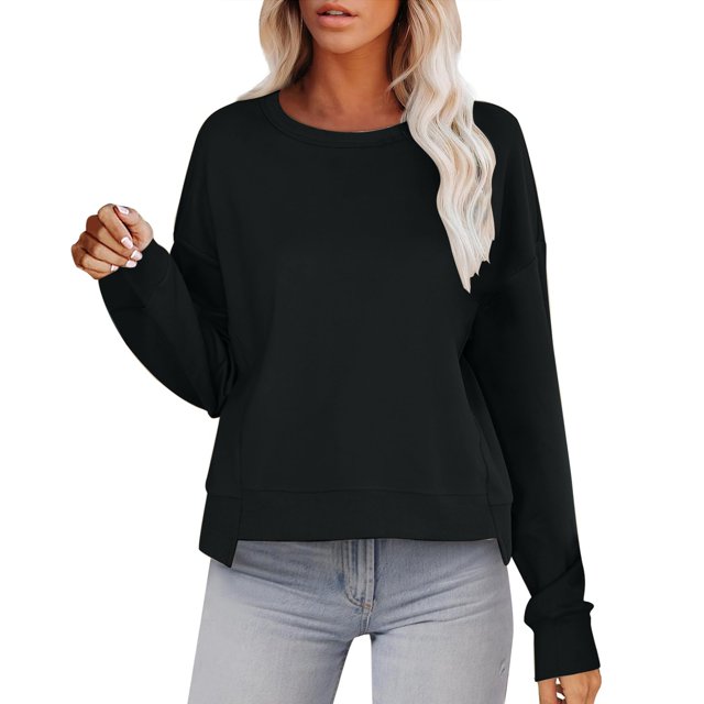 WEAIXIMIUNG T-Shirts Personnalisés pour Femmes Chandail en Molleton Court Col Rond Manches Longues Hauts d'Automne Tendance Décontracté Ourlet Irrégulier