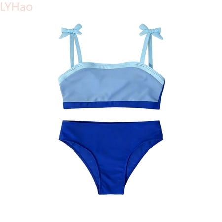 LYHao Girls Two Piece Solid Color Swimsuit For Kids Youth Swimwear With Comfortable Fit And Stylish Design 5 14Y 2 Piece Swimsuit 11-12 Years Blue