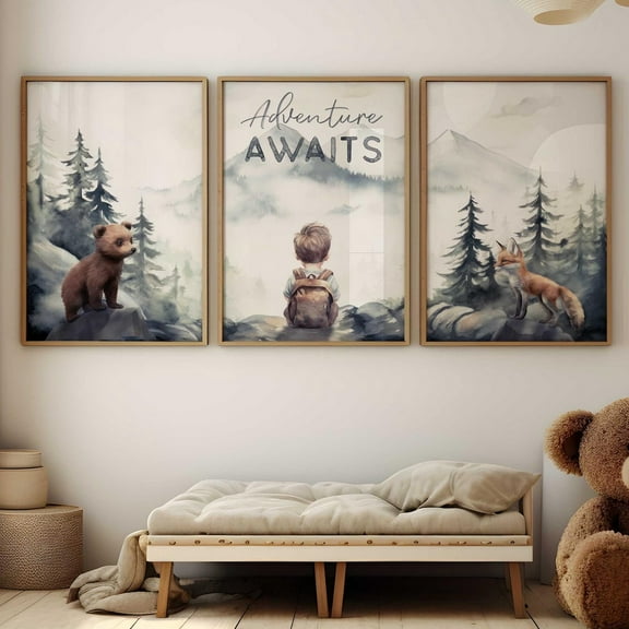 UNFFRAMED Adventure Awaits Nursery Print, Woodland Animals, Set Of 3 Triptych, Adventure Decor Boy Room, Bear & Fox Art, Adventure Quote Art, Modern Wall Decor Set 3 Prints 8x12