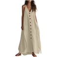 thumbnail image 2 of Yangnuo Women's V-Neck Spaghetti Strap Maxi Dress, Button-Front Solid Color Casual Sundress Ladies Loose Flowy Linen Style Beach Dress with Side Slit, Perfect for Vacation Khaki M, 2 of 5