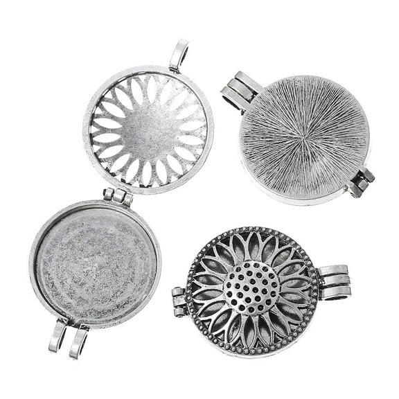 P421 - 1 pc. Antique Silver Carved Round Sun Flower Pendant Photo Picture Locket Box - 44 X 33mm - Fits 5ss rhinestones - Perfume Diffuser!