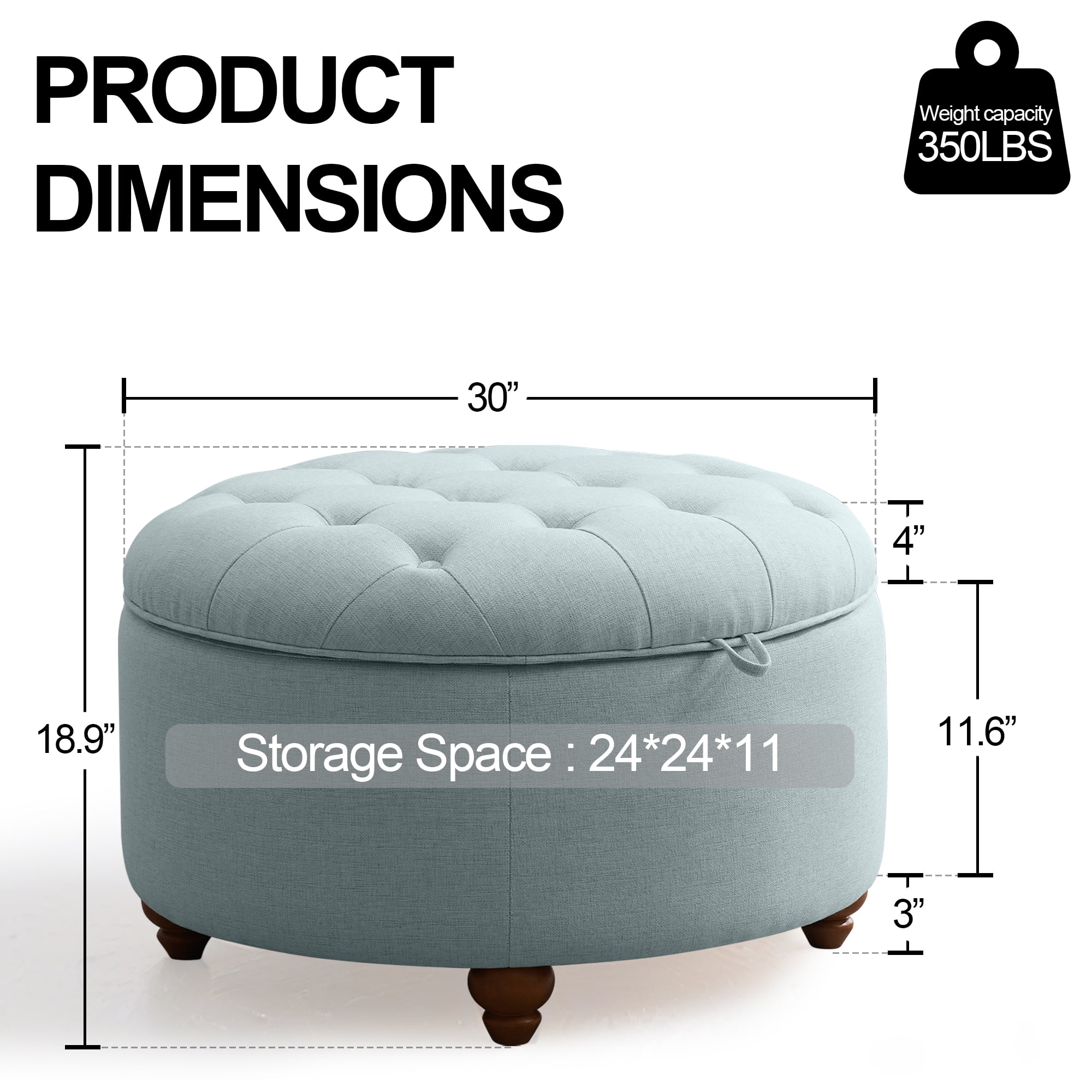 30'' Round Ottoman with Storage, Modern Tufted Fabric Storage Ottoman with Removable Top for Living Room, Bedroom, Light Blue