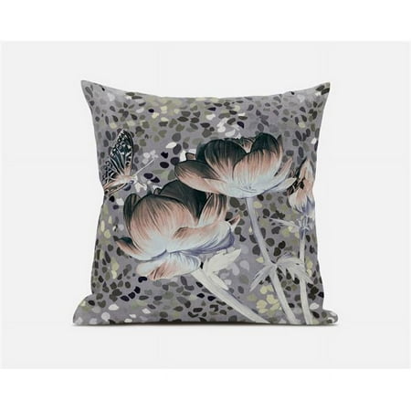 18 x 18 in. Three Roses with Butterfly Broadcloth Indoor & Outdoor Zippered Pillow - Pink, Dark Green & Grey