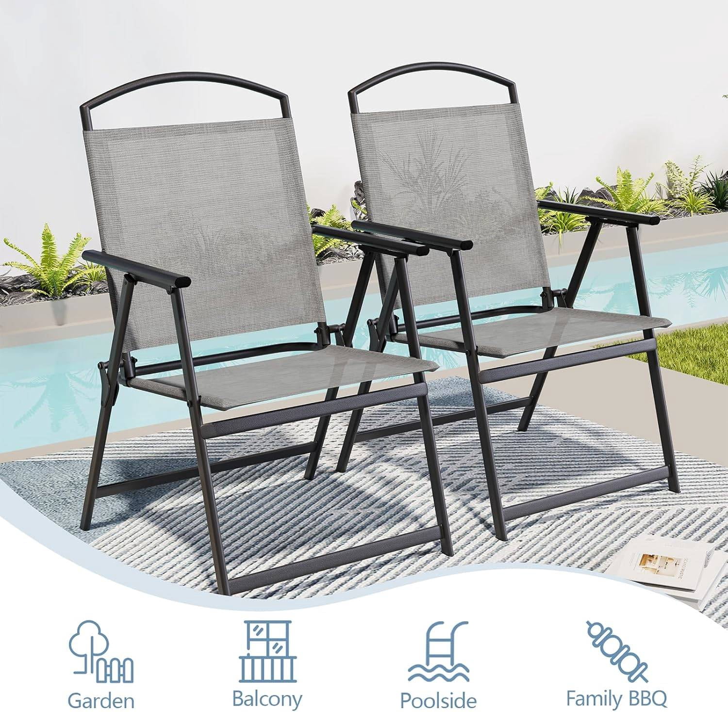 SWITTE Folding Patio Chairs Set of 2, Outdoor Dining Chairs with Armrests, Breathable Textilene & Steel Frame for Lawn, Garden, Yard or Poolside - Light Gray