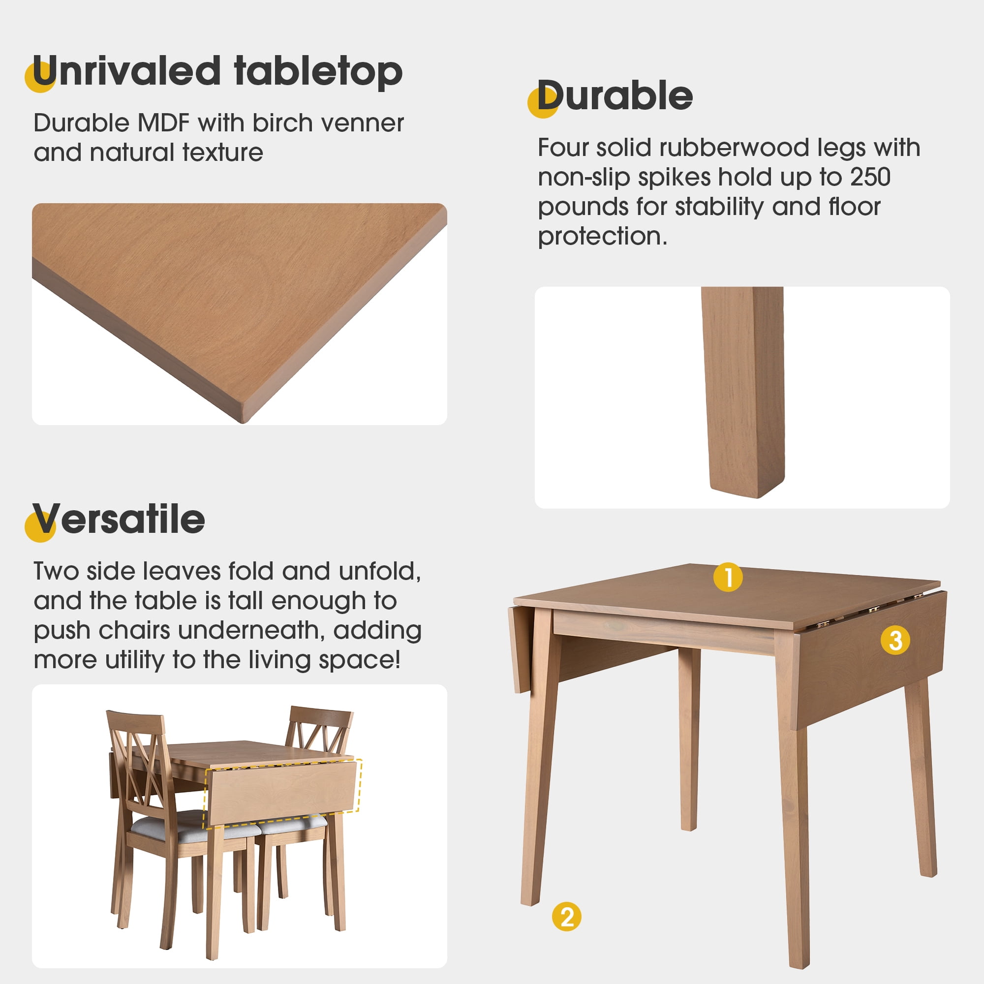 Euroco 29"- 45" Extendable Dining Table for 4, Folding Kitchen Table with Wood Legs for Kitchen, Dining Room,Living Room,Small Spaces,Natural